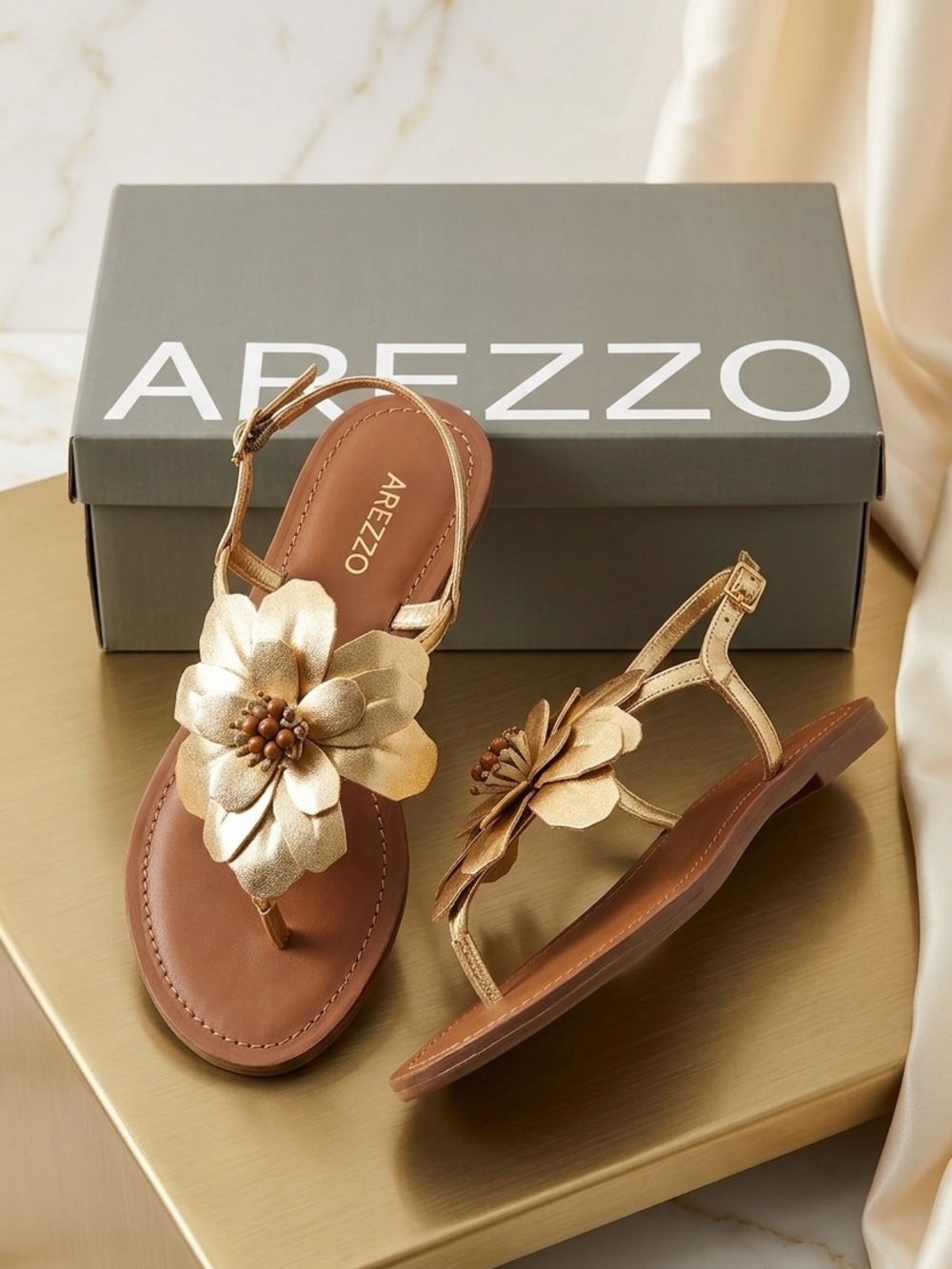 Arezzo Gold Floral Leather Slingback Sandals
